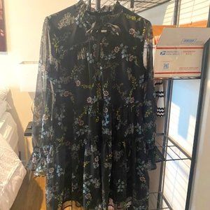 WhoWoreWhat Black Floral Sheer Knee Dress w/ Fluted Sleeves and High Bowtie Neck